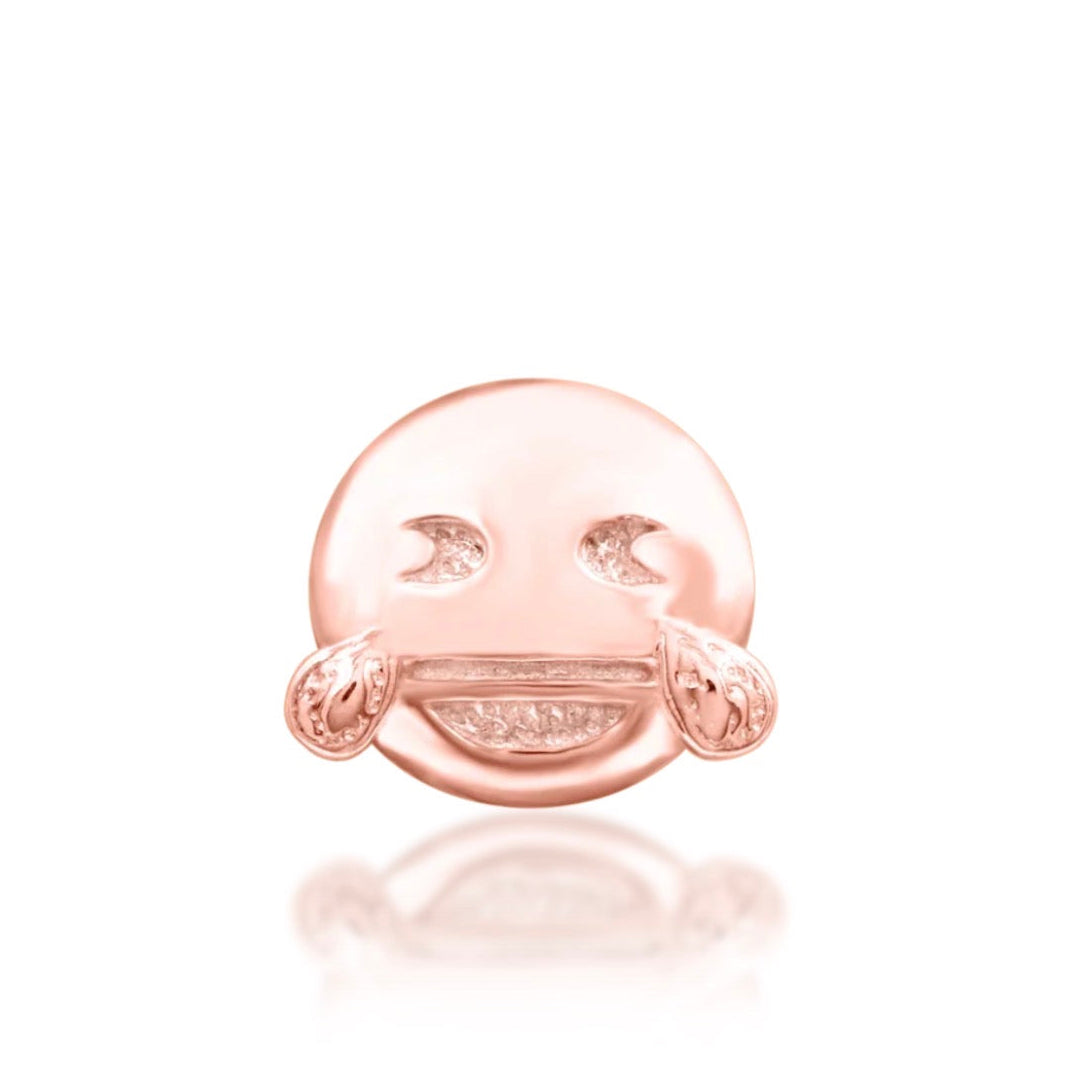 Junipurr You did what?! ROFL solid 14k rose gold laughing emoji threadless end with tears, front view.
