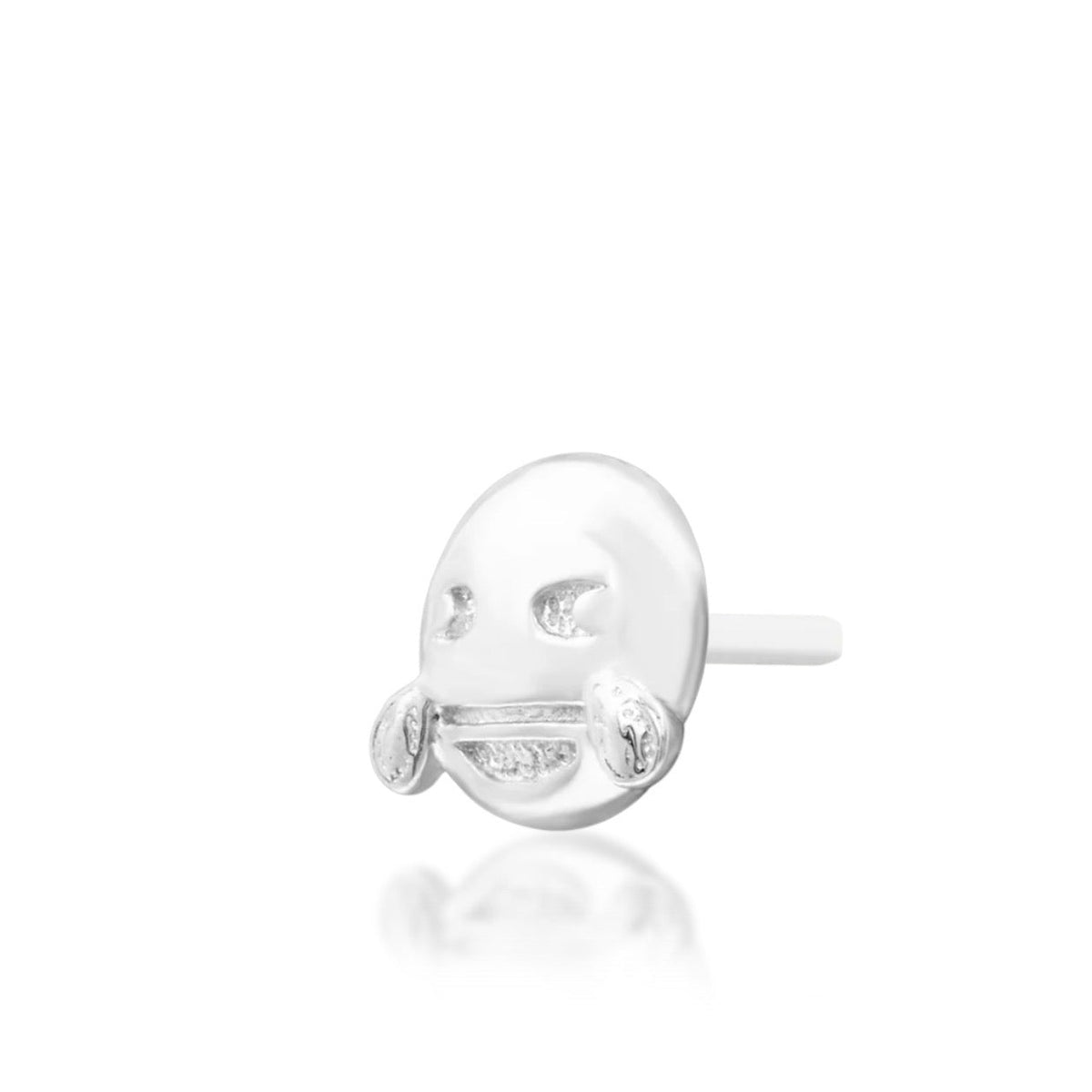 Junipurr You did what?! ROFL solid 14k white gold laughing emoji threadless end with tears, angled view.