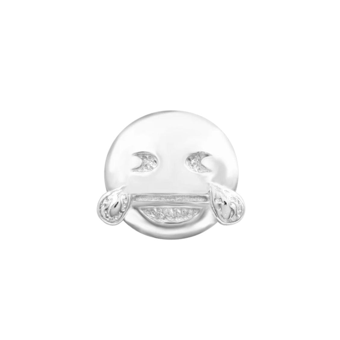 Junipurr You did what?! ROFL solid 14k white gold laughing emoji threadless end with tears, front view.