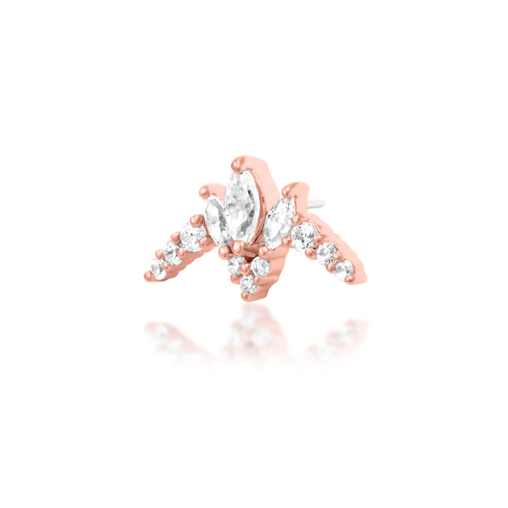 Junipurr Zariah solid 14k rose gold White CZ double-pin threadless end, angled view.