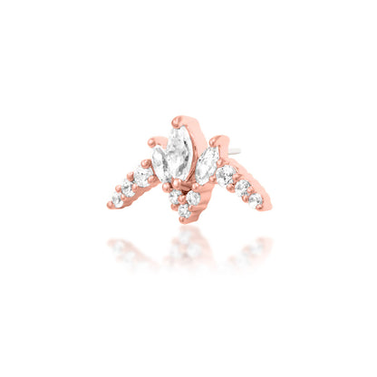 Junipurr Zariah solid 14k rose gold White CZ double-pin threadless end, angled view.
