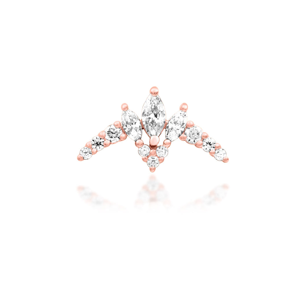 Junipurr Zariah solid 14k rose gold double-pin threadless end with White CZ, front view.
