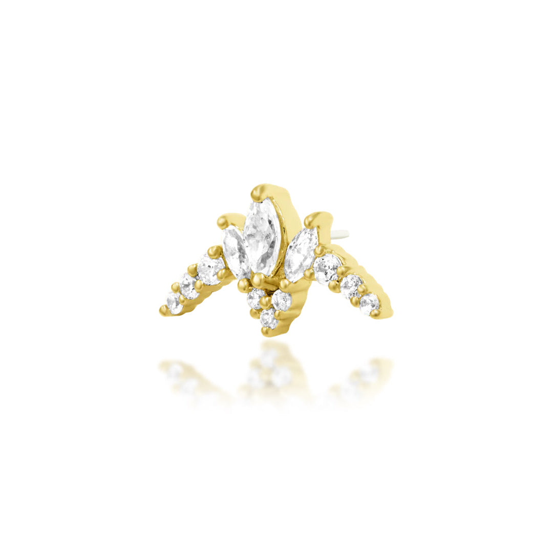 Junipurr Zariah solid 14k yellow gold White CZ double-pin threadless end, angled view.
