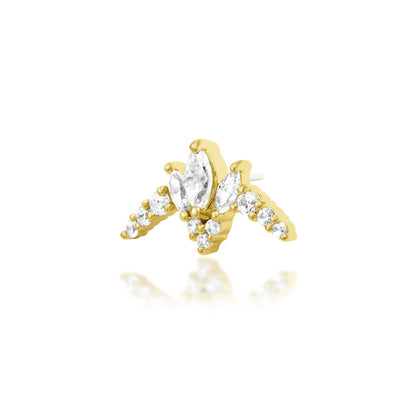 Junipurr Zariah solid 14k yellow gold White CZ double-pin threadless end, angled view.