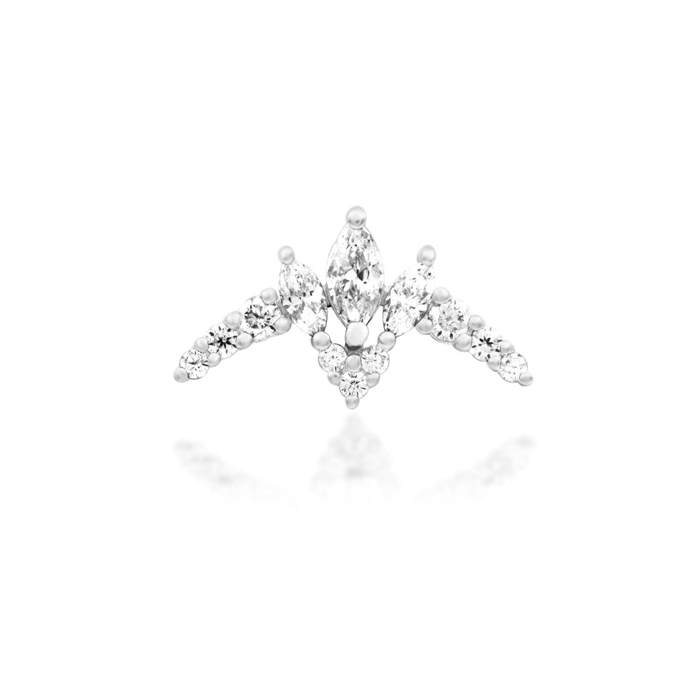 Junipurr Zariah solid 14k yellow gold White CZ double-pin threadless end, close-up view.