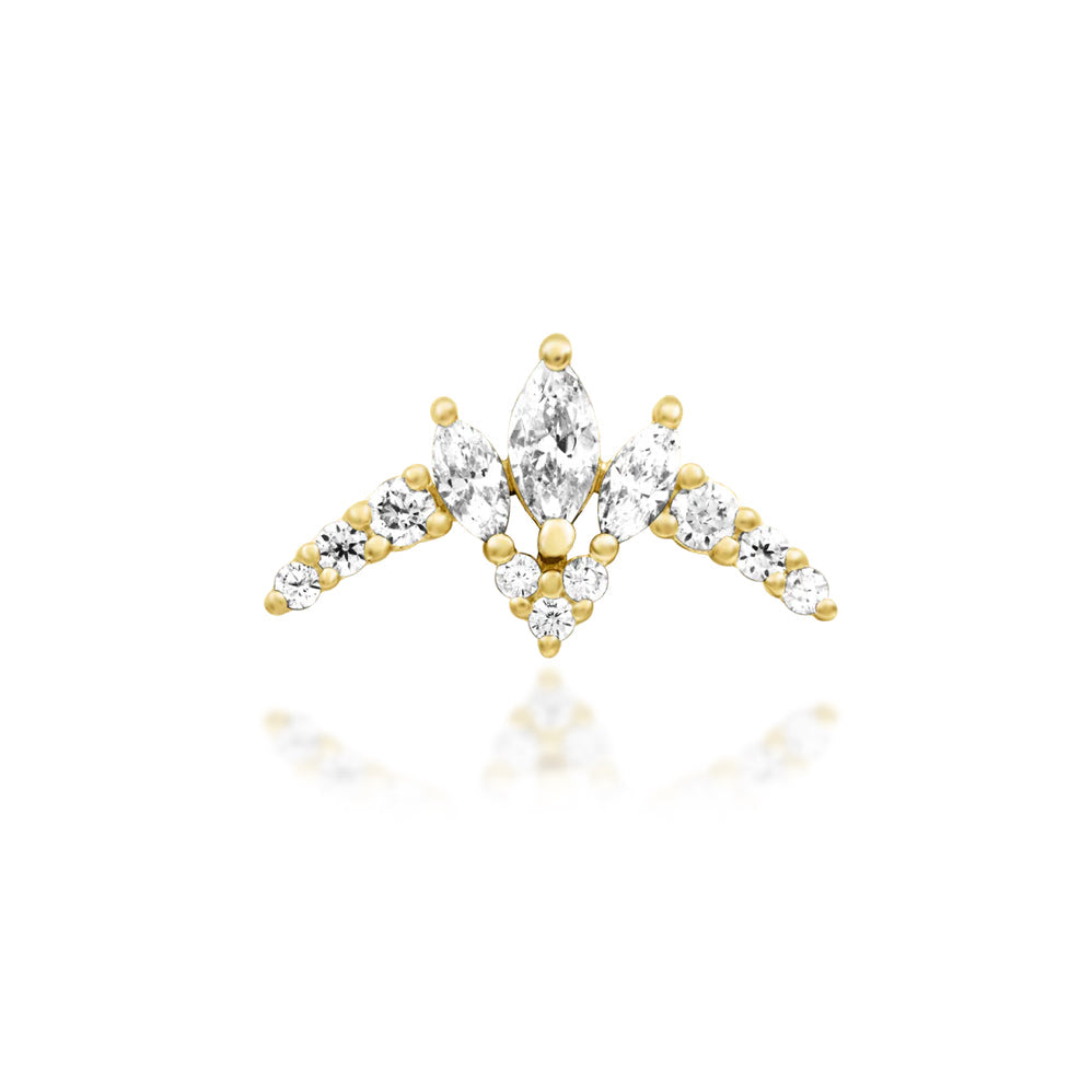 Junipurr Zariah solid 14k yellow gold double-pin threadless end with White CZ, front view.