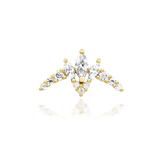 Junipurr Zariah solid 14k yellow gold double-pin threadless end with White CZ, front view.