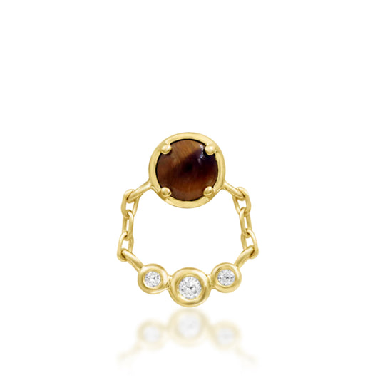 Junipurr Zola solid 14k gold Tiger Eye chain threadless decorative end, product view.