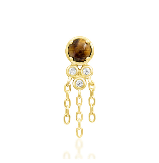 Junipurr Zuri solid 14k gold Tiger Eye chain dangle threadless decorative end, product view.