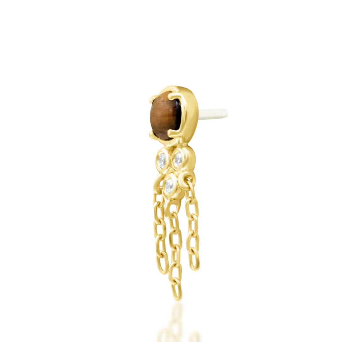 Junipurr Zuri yellow gold tiger eye chain jewellery, side view showing its pin.