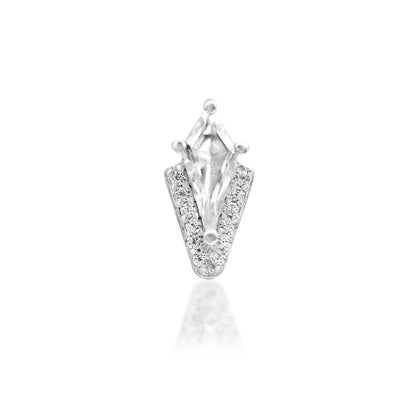 White gold flat earring featuring an elongated kite-cut cubic zirconia surrounded by twelve accent stones