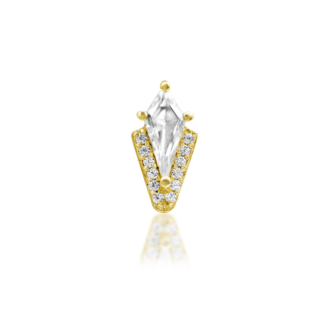 Yellow gold helix earring featuring a pointed kite-cut white CZ framed by twelve pavé-set stones
