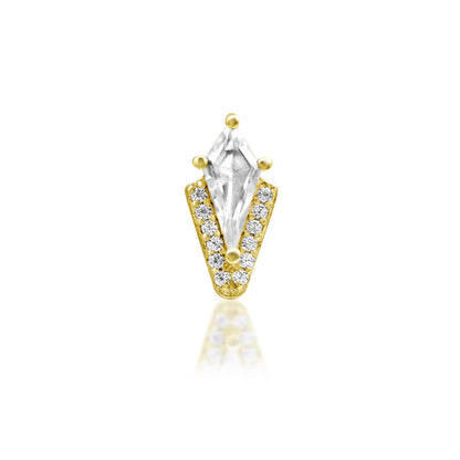 Yellow gold helix earring featuring a pointed kite-cut white CZ framed by twelve pavé-set stones
