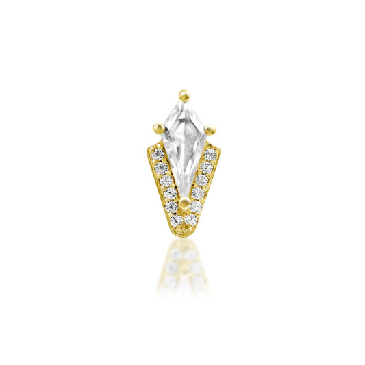 Yellow gold helix earring featuring a pointed kite-cut white CZ framed by twelve pavé-set stones
