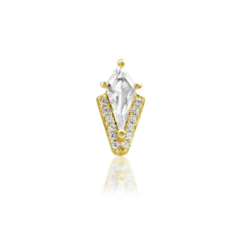 Yellow gold helix earring featuring a pointed kite-cut white CZ framed by twelve pavé-set stones
