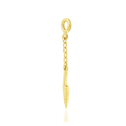 Knife dangle charm earring in yellow gold with an elongated blade design and articulated movement.