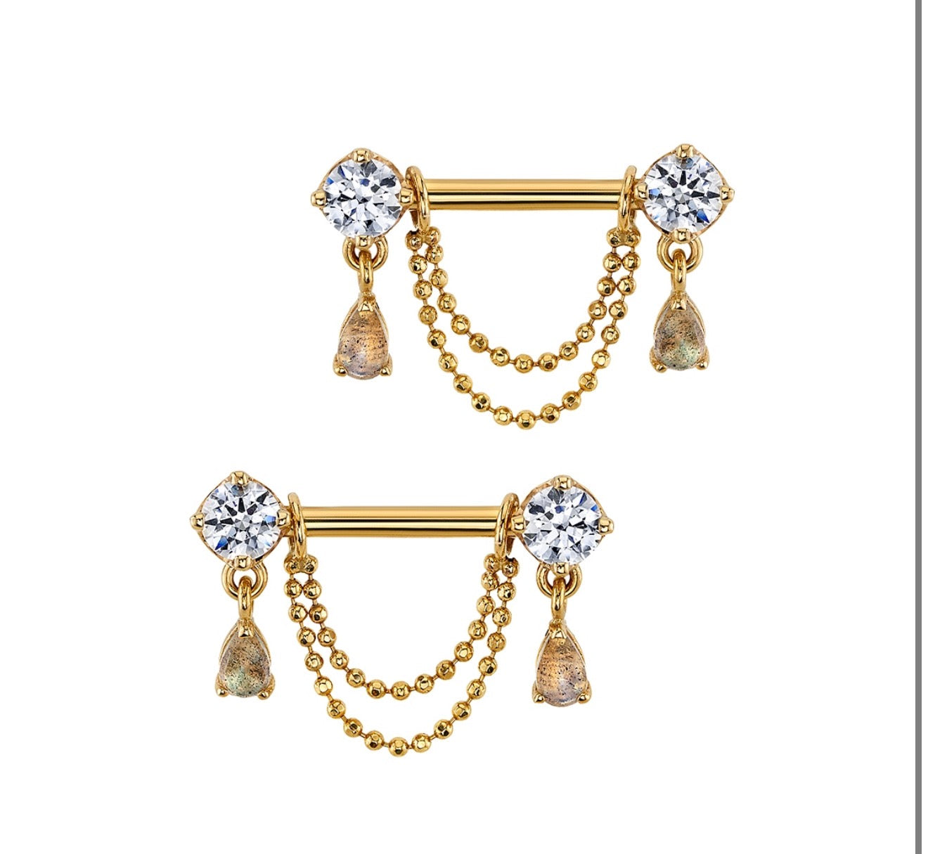BVLA Antoinette rose gold nipple barbell with White CZ, Rose Cut Labradorite pear dangles and chain attachment