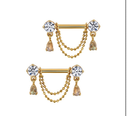 BVLA Antoinette rose gold nipple barbell with White CZ, Rose Cut Labradorite pear dangles and chain attachment