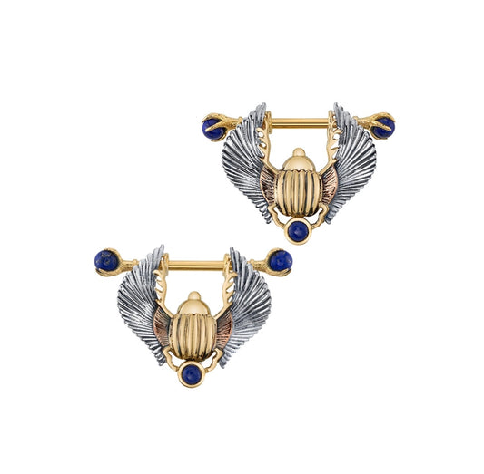 BVLA Khepri gold scarab nipple jewellery with a 27mm stirrup, Falcon Claw barbell and 4mm Lapis cabochon
