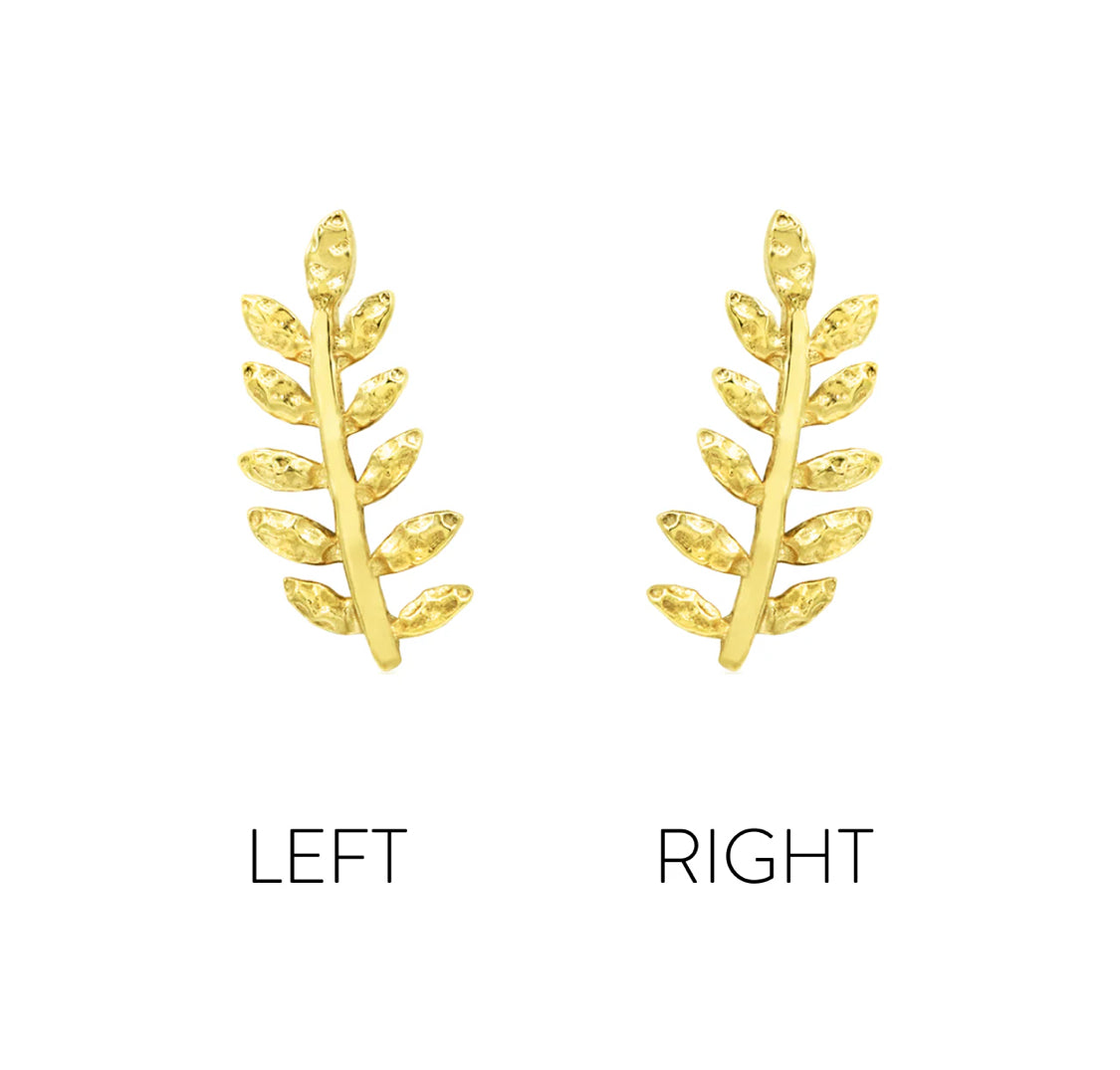 Leaf ear climber in yellow gold with an elongated 9.5mm curve and softly hammered detailing.