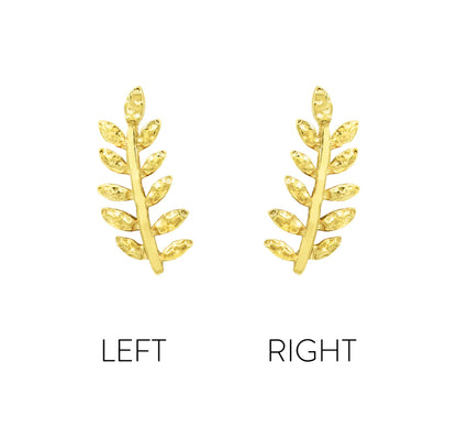 Leaf ear climber in yellow gold with an elongated 9.5mm curve and softly hammered detailing.