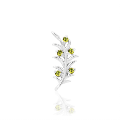 Leaf flat-back earring top in 14k white gold with a curved olive branch and green cubic zirconia detail.