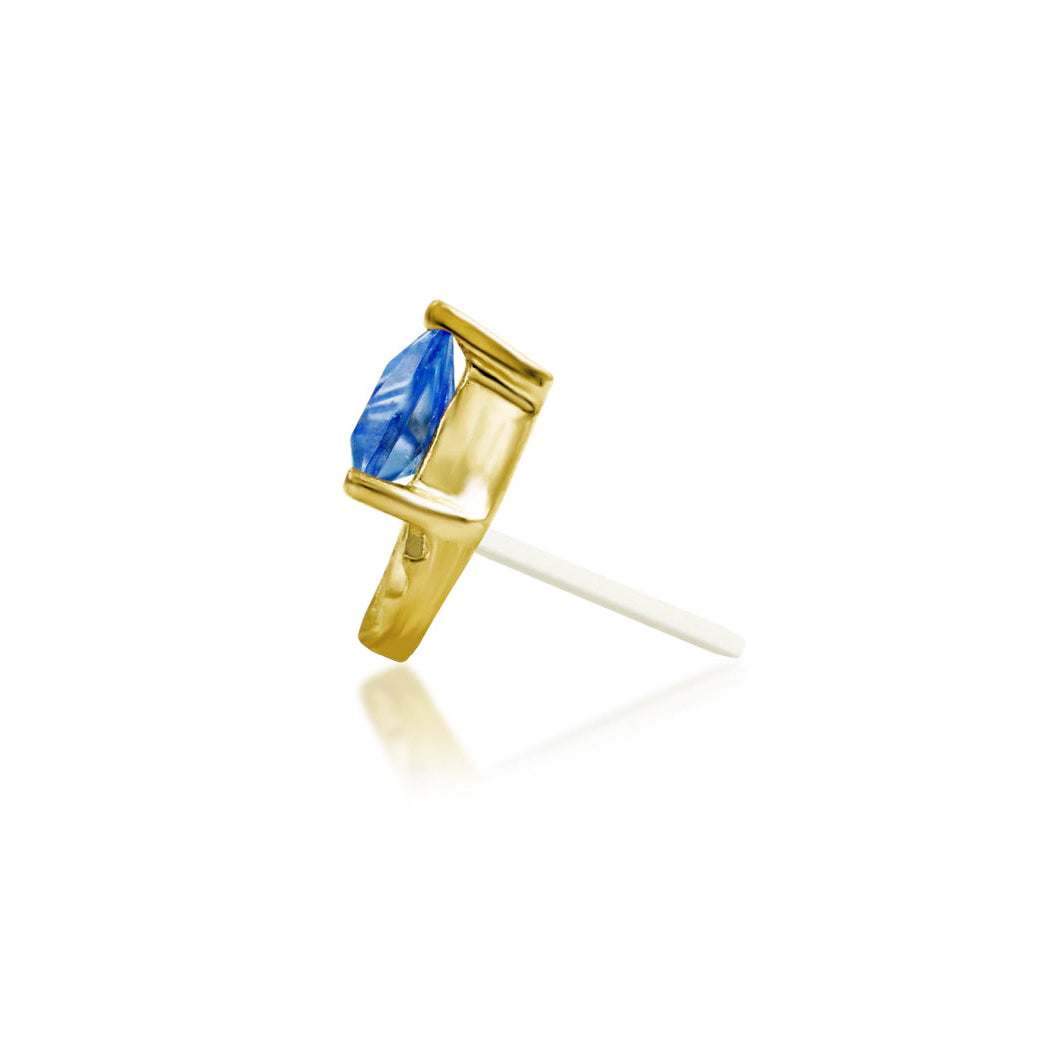 Solid yellow gold lobe earring with a 2.5mm Light Tanzanite CZ and sculptural geometric frame

