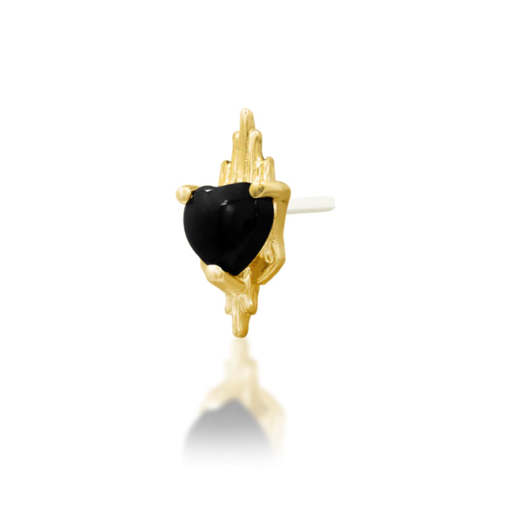     Front view of a solid 14k gold flame cartilage earring with black ony