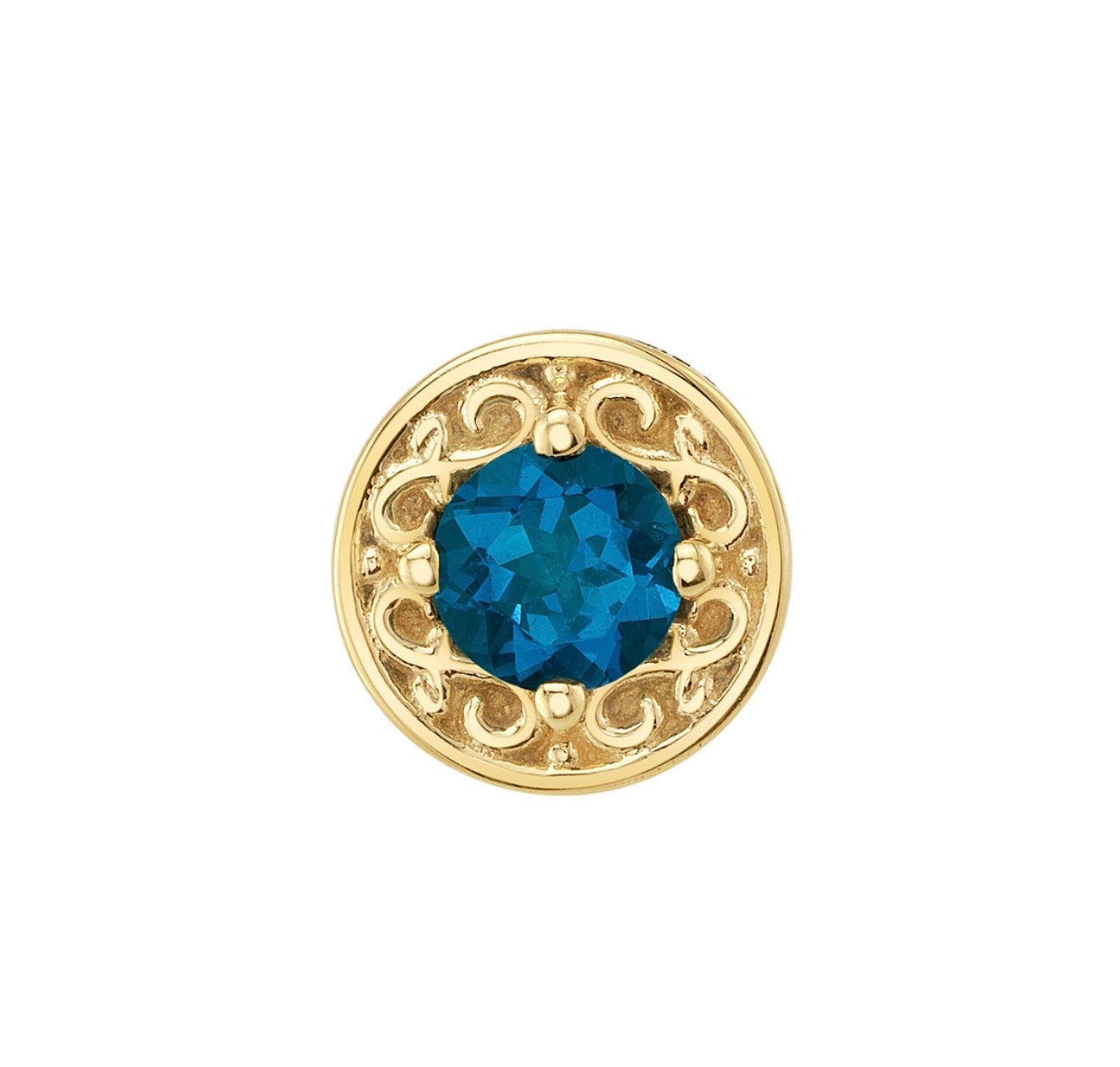 London Blue Topaz cartilage earring in yellow gold with a 4mm round gemstone and ornate BVLA Elizabeth setting