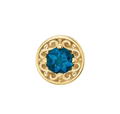 London Blue Topaz cartilage earring in yellow gold with a 4mm round gemstone and ornate BVLA Elizabeth setting