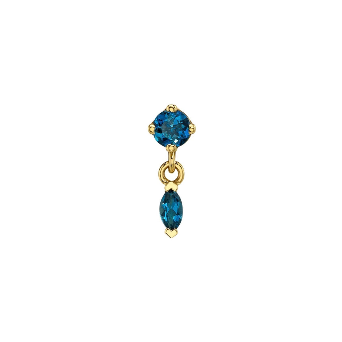 BVLA Wintermoon yellow gold cartilage earring with 2.5mm London Blue Topaz and a marquise gemstone dangle