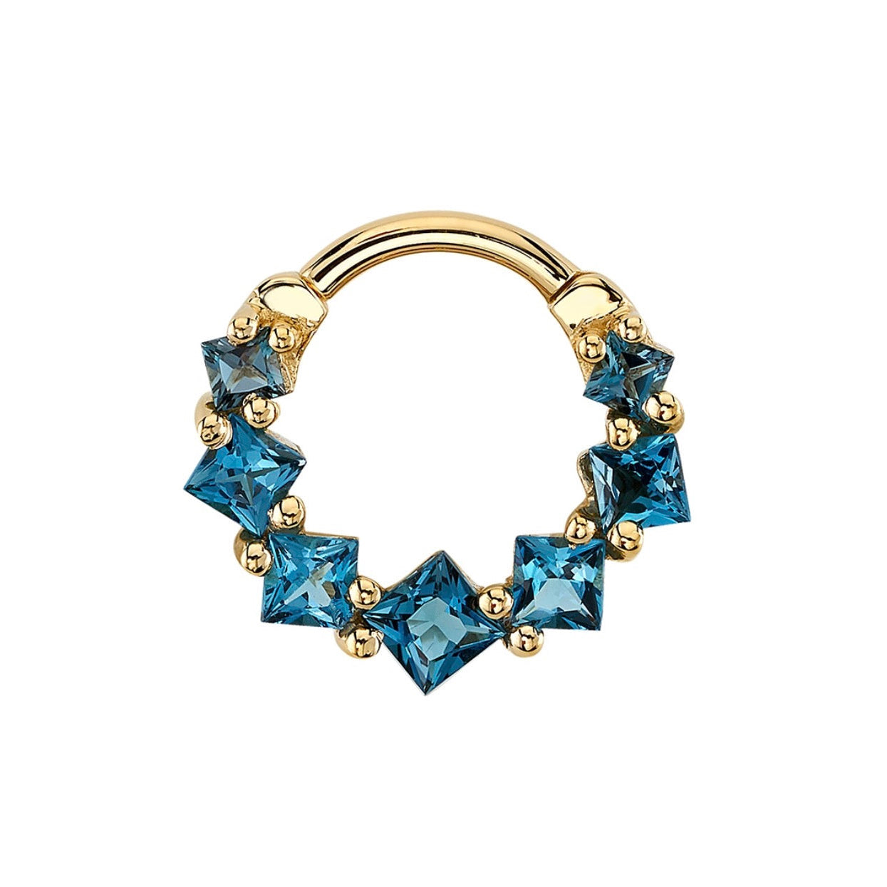 BVLA Graduating Tiffany yellow gold daith ring with graduating princess-cut London Blue Topaz gemstones