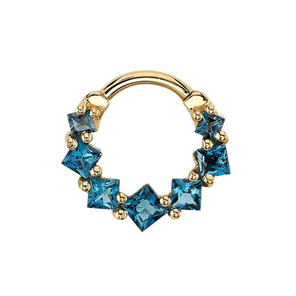 BVLA Graduating Tiffany yellow gold daith ring with graduating princess-cut London Blue Topaz gemstones