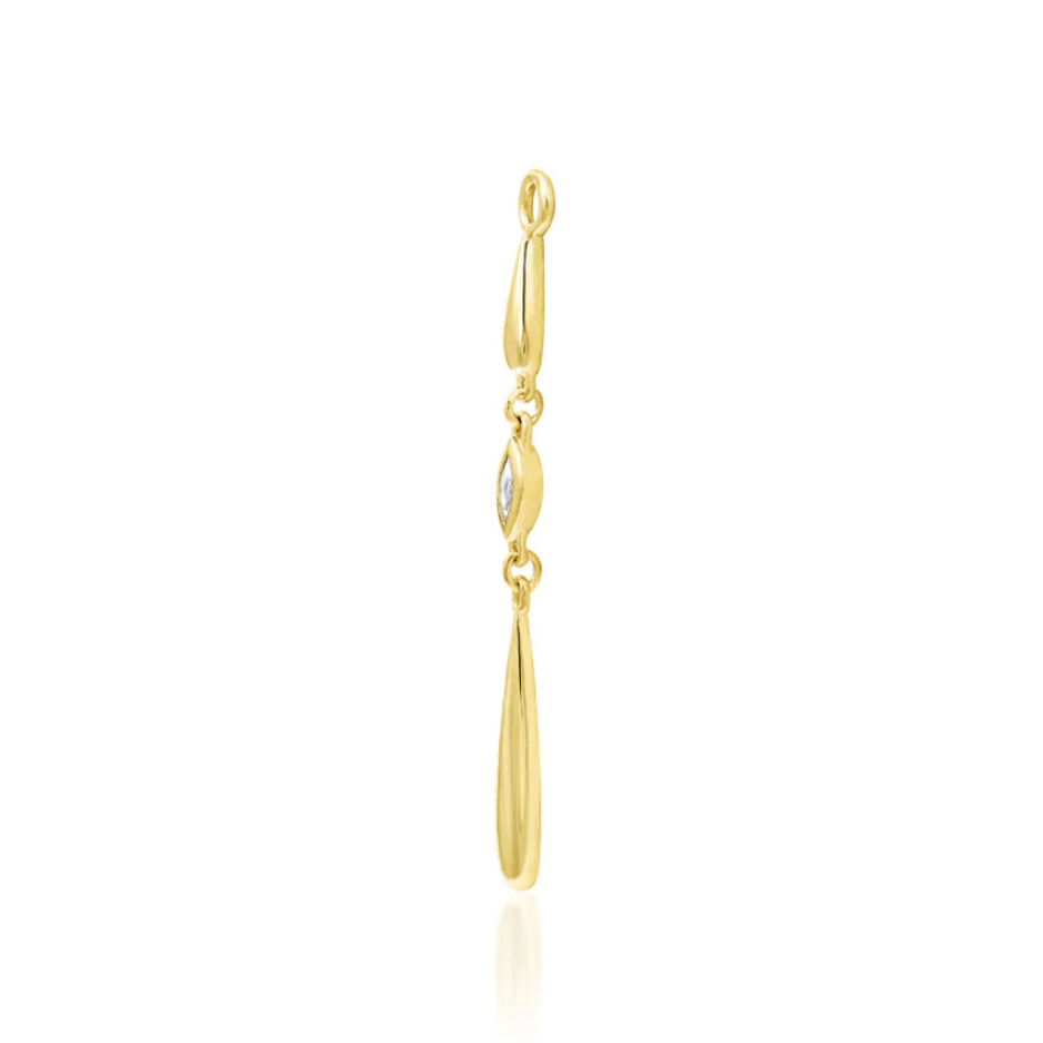Long yellow gold cartilage earring with a marquise white CZ and two articulated drops