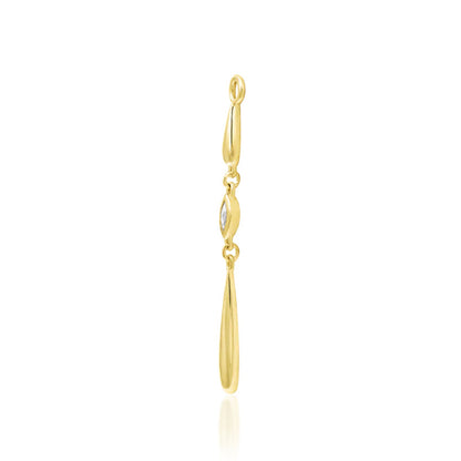 Long yellow gold cartilage earring with a marquise white CZ and two articulated drops