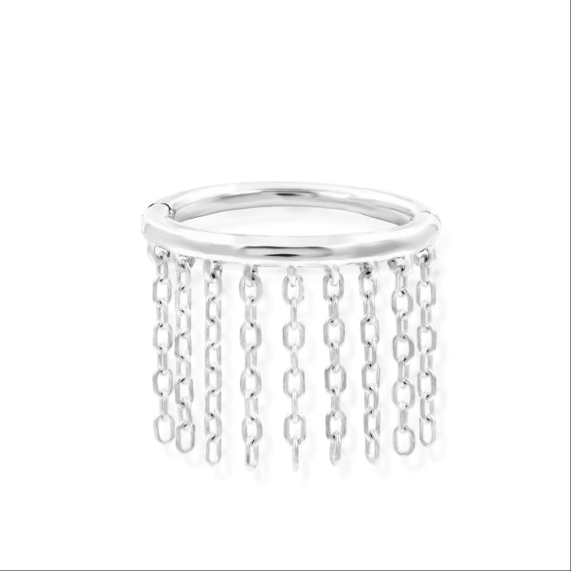 Luxury chain hoop earring in white gold featuring the cascading chain curtain of Junipurr Skylar.