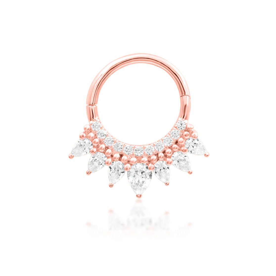 Luxury CZ ring in 14k rose gold featuring the distinctive Junipurr Magnifique gemstone fan.