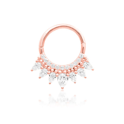 Luxury CZ ring in 14k rose gold featuring the distinctive Junipurr Magnifique gemstone fan.