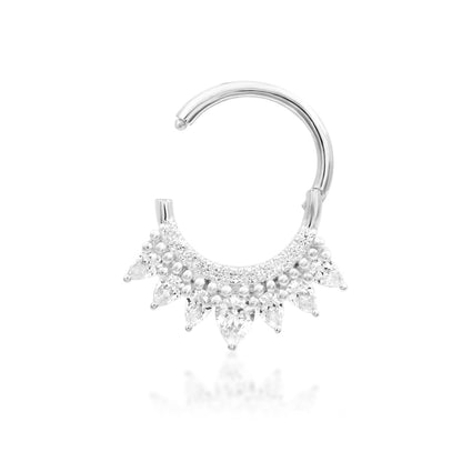 Luxury gold clicker in 14k white gold with brilliant pear-cut and round white CZ stones.