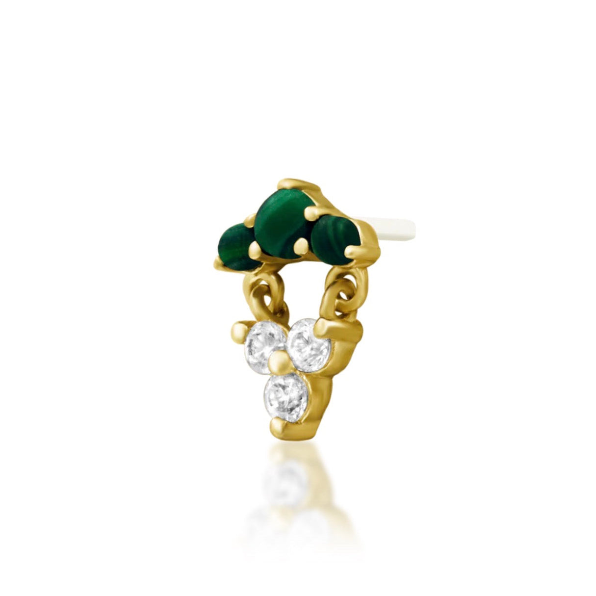 Malachite cartilage earring in yellow gold with natural green stone and delicate gemstone movement.