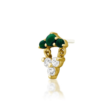 Malachite cartilage earring in yellow gold with natural green stone and delicate gemstone movement.