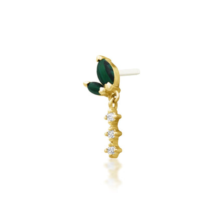Malachite cartilage earring in yellow gold with an elongated arrangement of natural green stones and clear CZ.