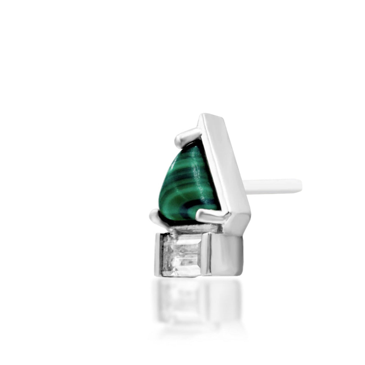 Malachite cartilage stud in solid 14k white gold with contrasting geometric gemstone cuts.
