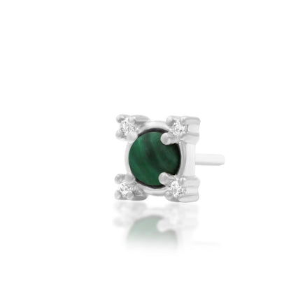 Malachite conch earring in solid white gold with a round green stone surrounded by petite white CZ accents.