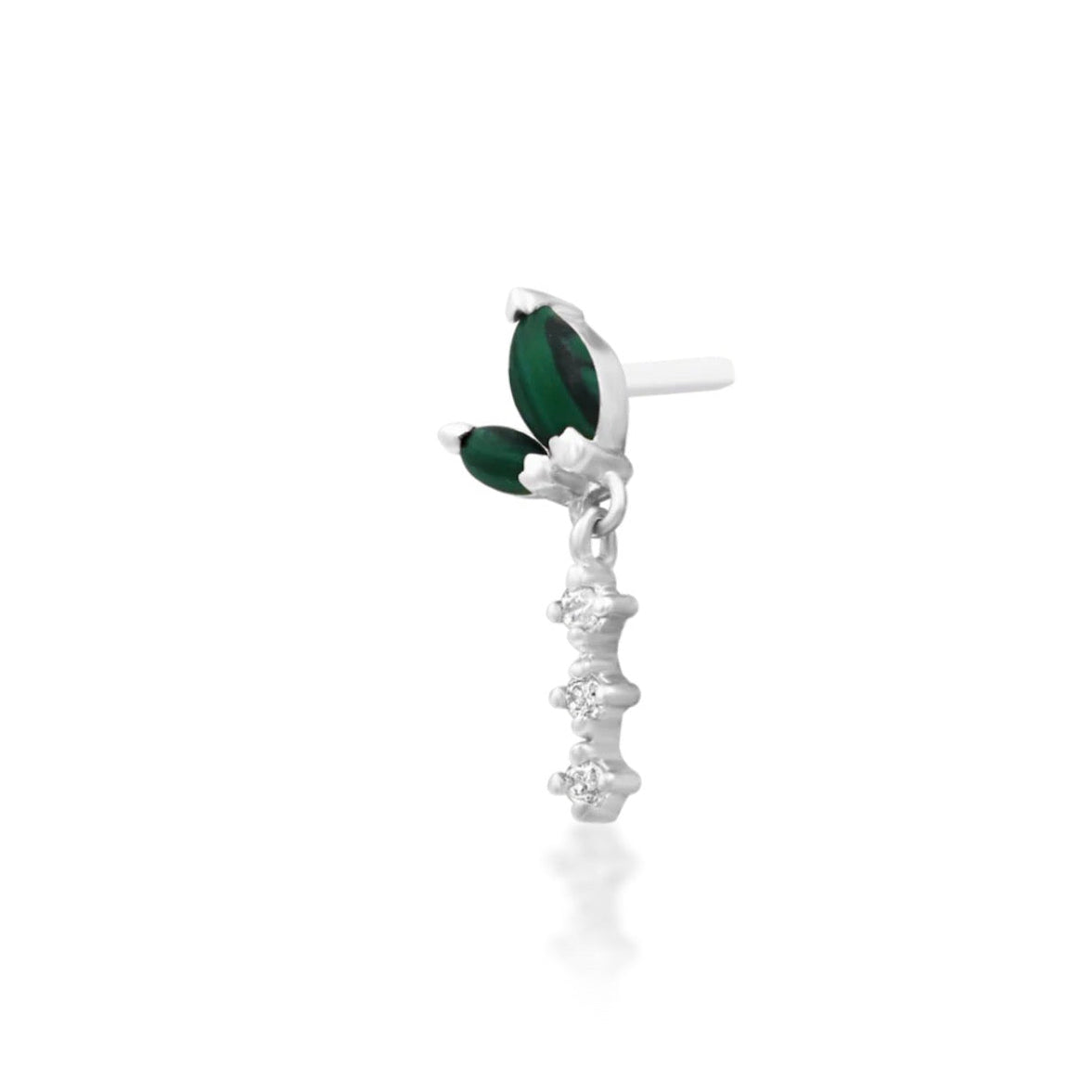 Malachite conch earring in solid white gold with rich green stones and delicate white gemstone sparkle.