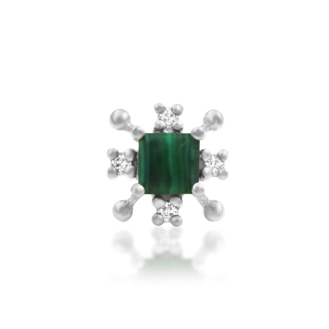 Malachite flat-back earring top in 14k white gold with white CZ accents and delicate beaded detail.