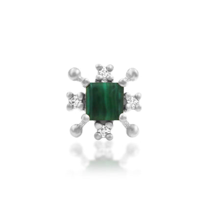 Malachite flat-back earring top in 14k white gold with white CZ accents and delicate beaded detail.