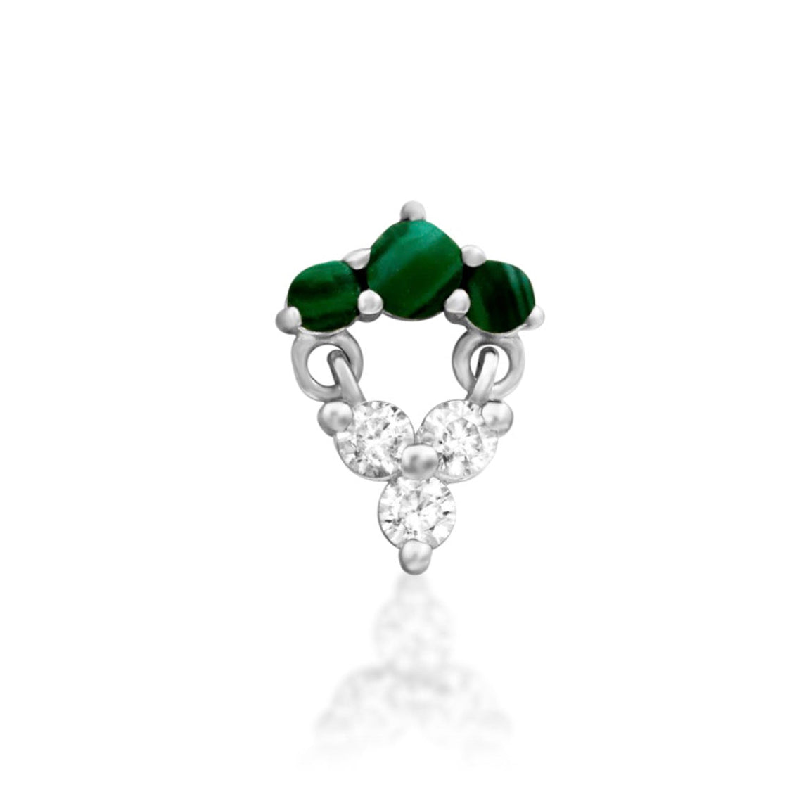 Malachite flat-back earring top in 14k white gold with genuine green stone and brilliant white CZ.
