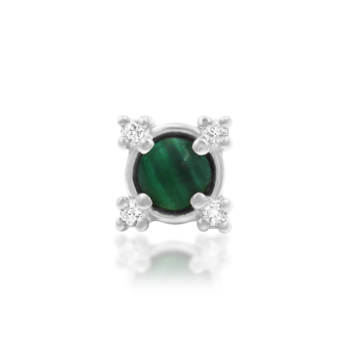 Malachite flat-back earring top in 14k white gold with a genuine green gemstone and clear CZ detail.