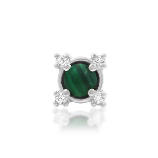 Malachite flat-back earring top in 14k white gold with a genuine green gemstone and clear CZ detail.
